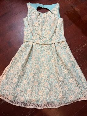 Christina Wu Aqua and Cream Lace Fit-and-Flare Dress